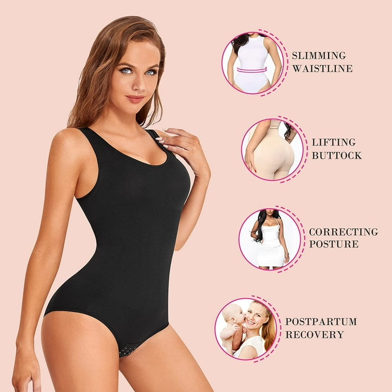 Gotoly Women Waist Trainer Bodysuit Slim Full Body Shapewear Seamless Round  Neck Jumpsuits Tummy Control Tops(Black X-Small-Small) 