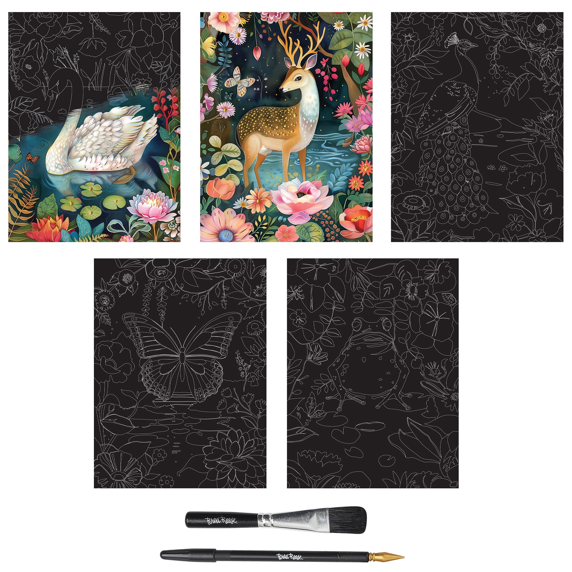 Brea Reese: Scratch Art Paper Pad - Magical Forest - 5 Nature Designs, Metallic Foil, Dual-Tip Stylus & Brush, Easy-to-Frame 9x12 Pages, Adult Craft