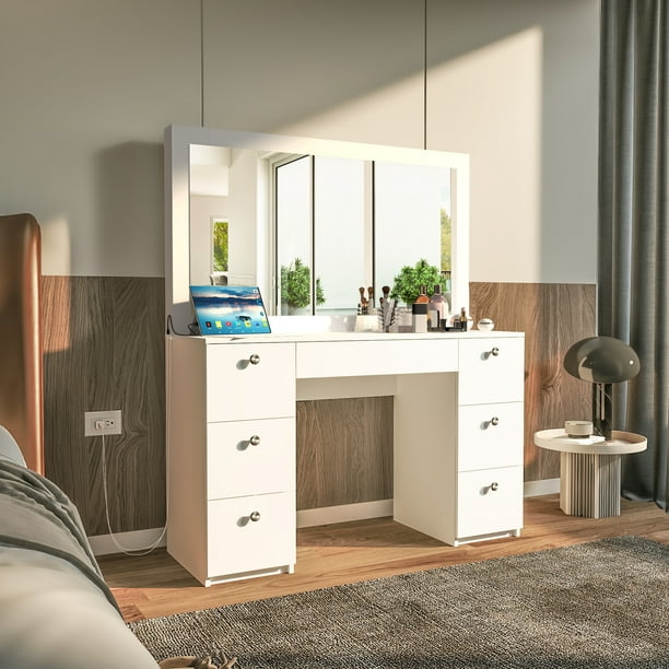 Ember Interiors Pam Modern White Painted Vanity Table, USB Port, for