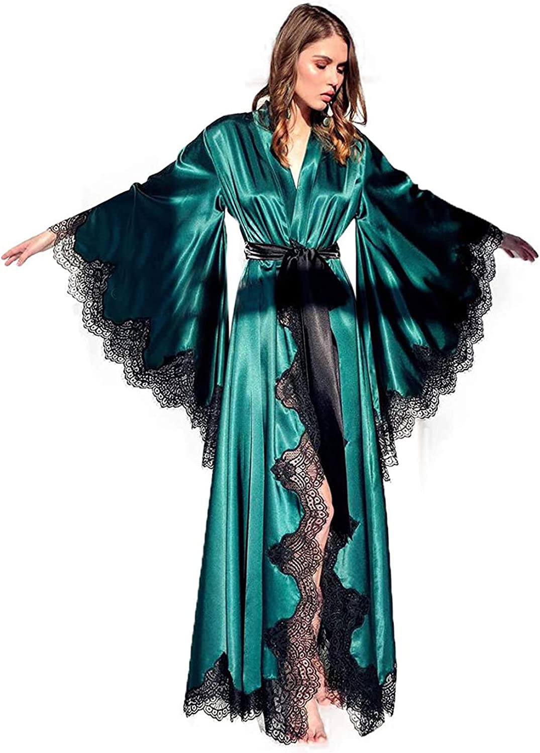 Tianzhihe Silk Satin Bridal Robe Long Lace Sexy Boudoir Lingerie