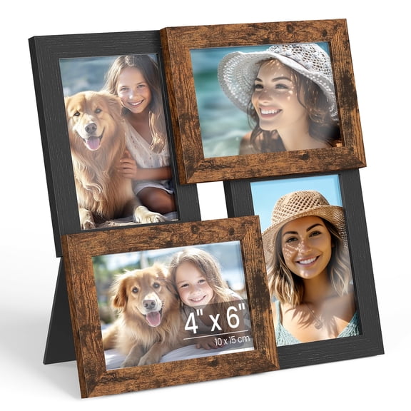 SONGMICS Collage Picture Frames, 4x6 for Wall Decor, Multi Family Photo for Gallery Decor, Hanging Display, Set of 4, Ash Black and Rustic Brown
