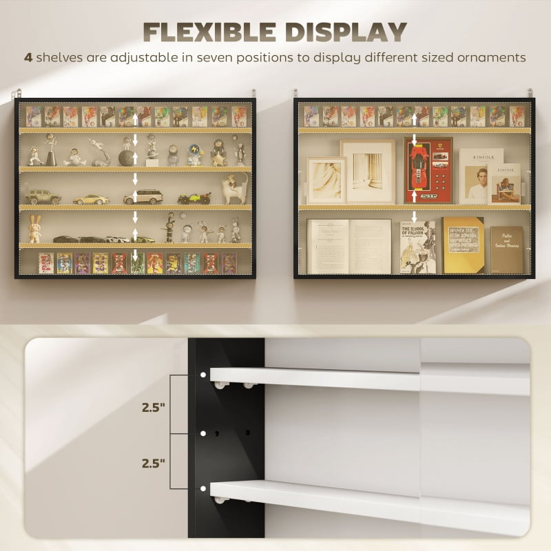Alvantor 5-Tier Wall Display Shelf Storage Cabinet Glass Doors Adjustable,Black/White