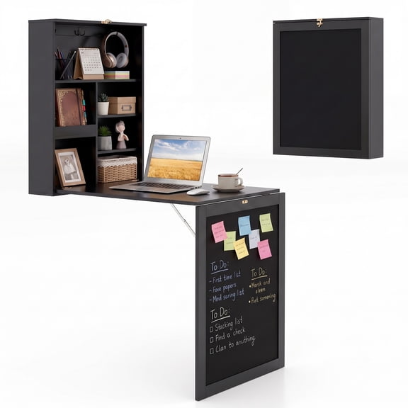 Furnibear Convertible Wall Mounted Folding Desk with Chalkboard, Space Saving Fold Down Wall Table with 6 Storage Cubes and 3 Hooks for Home Office Study, Black
