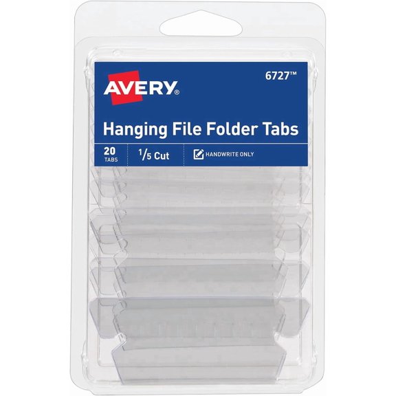 Hanging File Folder Tabs and Inserts, 1/5 Cut, Clear, 20 File Folder Tabs and Inserts Total (06727)