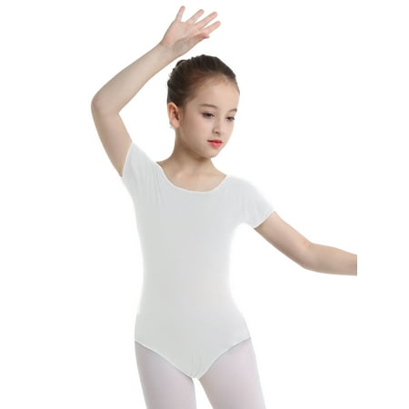 ranrann Kids Girls Classic Gymnastic Ballet Dance Leotard Short Sleeves Athletic Bodysuit White 3