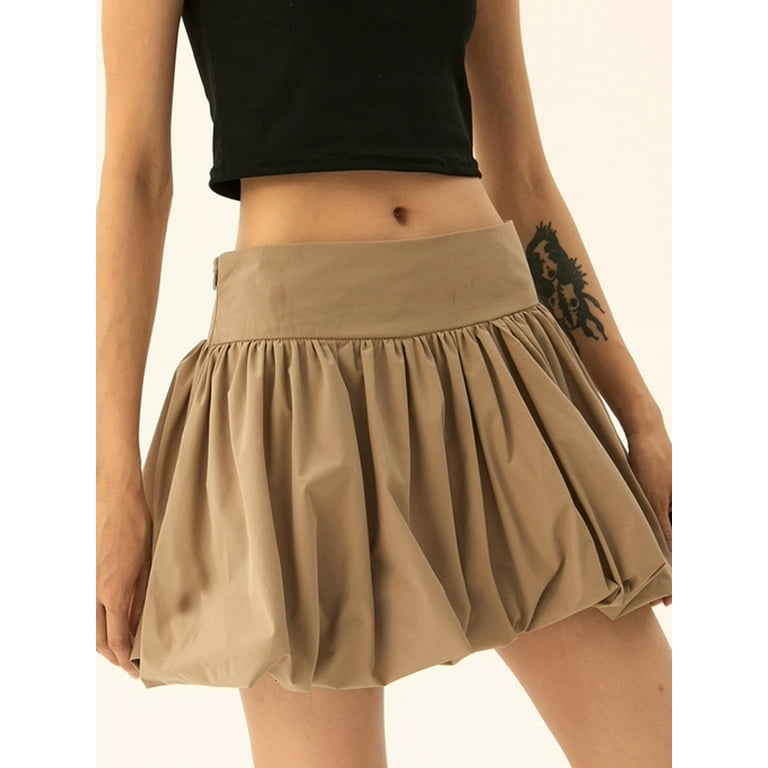 Woshilaocai Women Bubble Mini Skirt Solid Color Elastic Woshilaocai Women Bubble Mini Skirt Solid Color Elastic