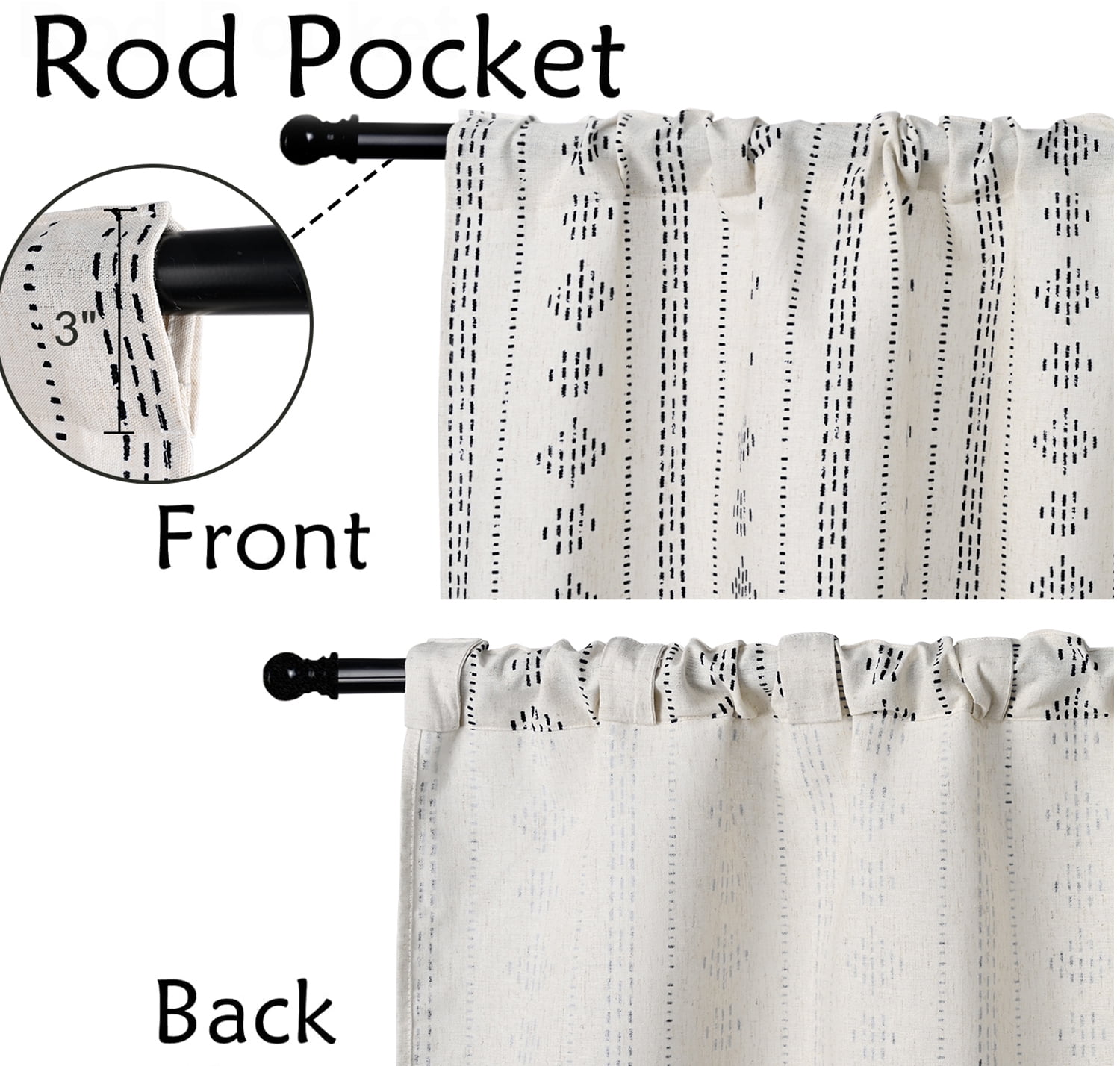 Alishomtll Boho Farmhouse Curtains Linen Light Filtering Black Geometric Striped Window Drapes ,52"x84", 2 Panels