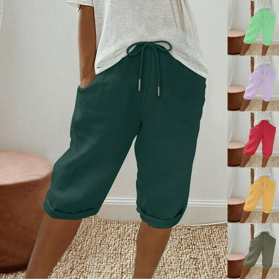 Wlynlyn Plus Size Cotton Linen Shorts for Women Drawstring High Waisted Knee Length Shorts Summer Casual Folded Hem Shorts
