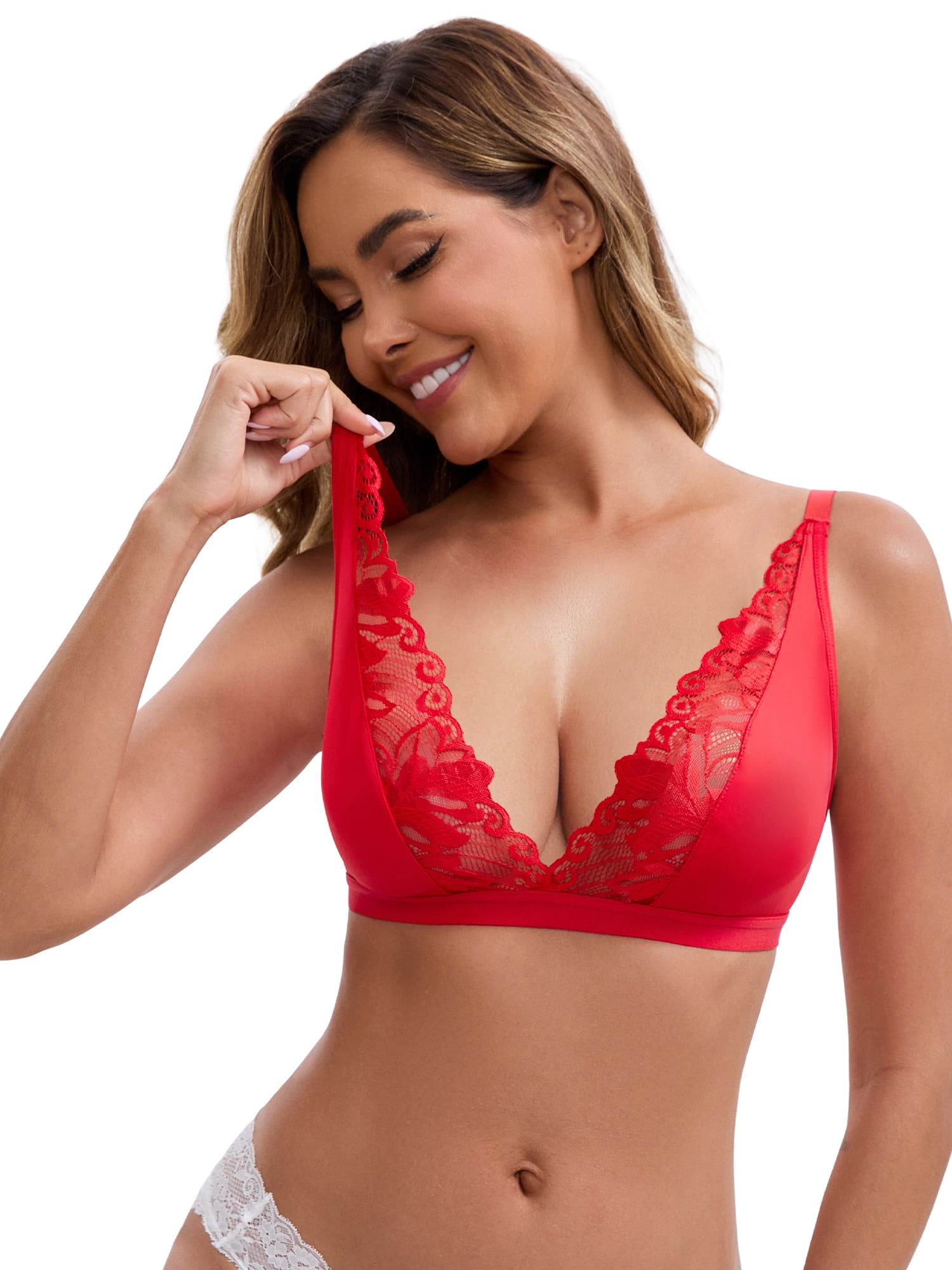 DARING DIVA Lace Bras Deep V Plunge Adjustable Straps Triangle Bralette M Red
