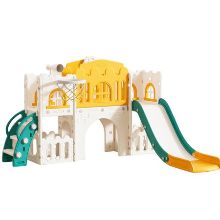 Bibana 7 in 1 Toddler Slide Kids Climber Slide with Storage Space and Non-Slip Steps Toddler Playset with Basketball Hoopa and Telescope Indoor Outdoor Playground for Toddlers
