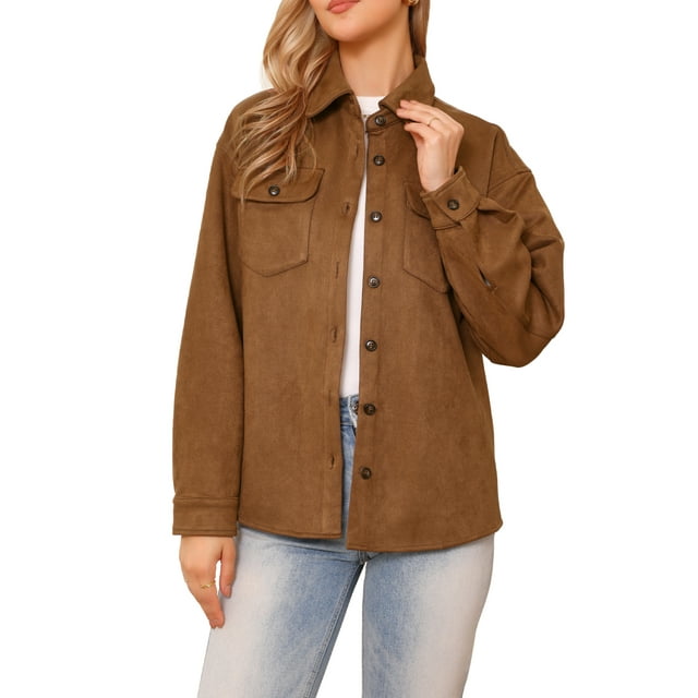 CHAQUETA CHIC INSPIRE para Mujeres de Ante Falso con Cuello Caído, Manga Larga, Casual, Botón Abajo, Talla XS, Marrón