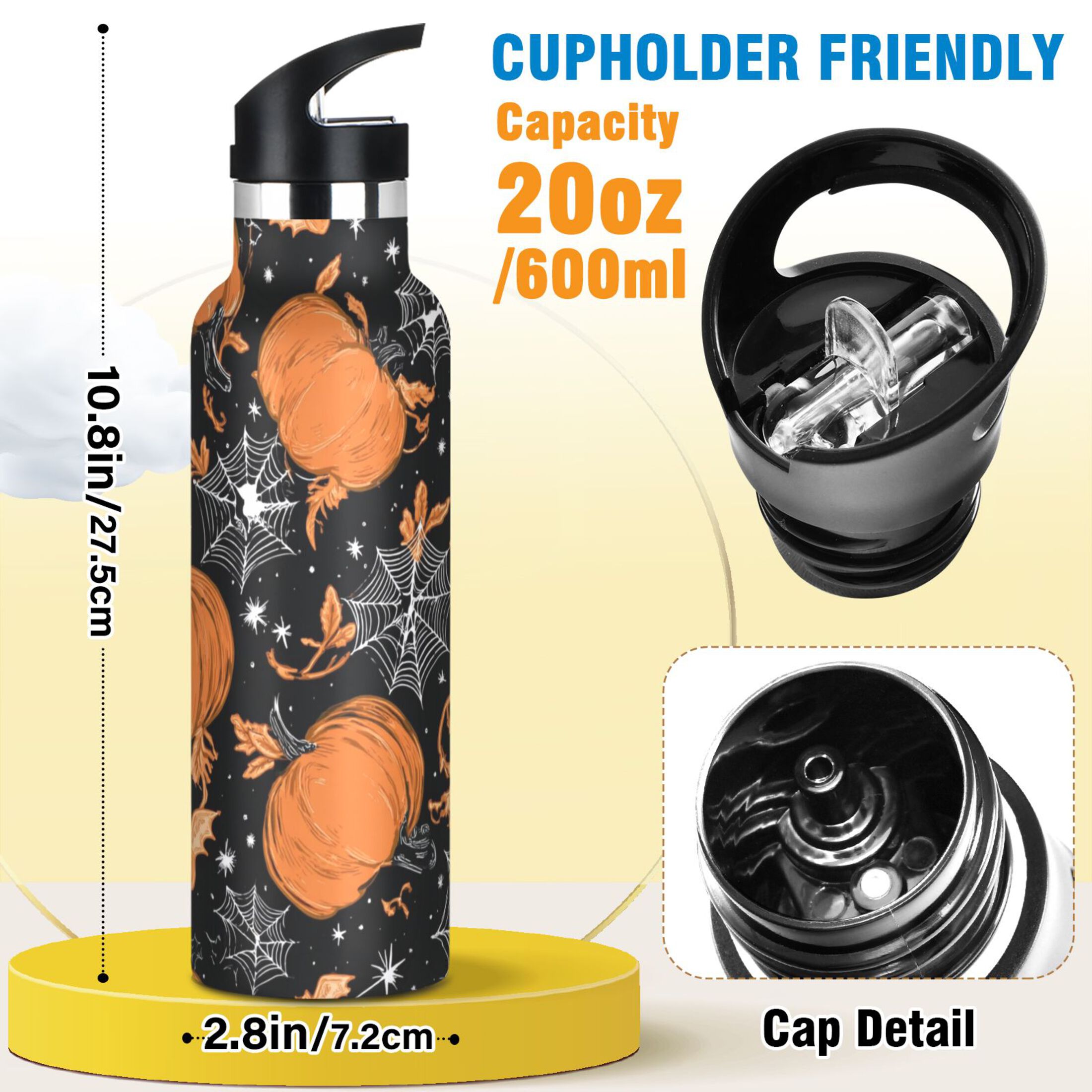Kids Insulated Stainless Steel Sports Water Bottle 600ml (20oz) Orange Pumpkins and Spider Webs