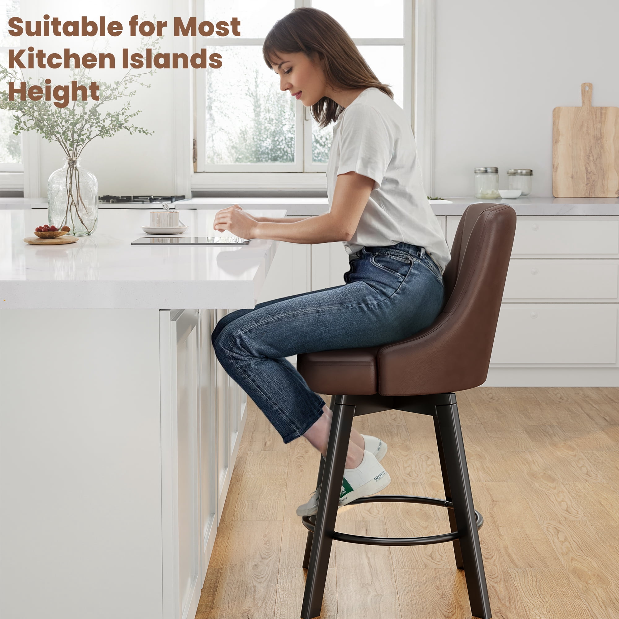 LainTene 24" Counter Height Swivel Bar Stools Set of 6, PU Leather Upholstered Counter Barstools with Solid Wood Legs and Backs for Kitchen Island, Home Bar