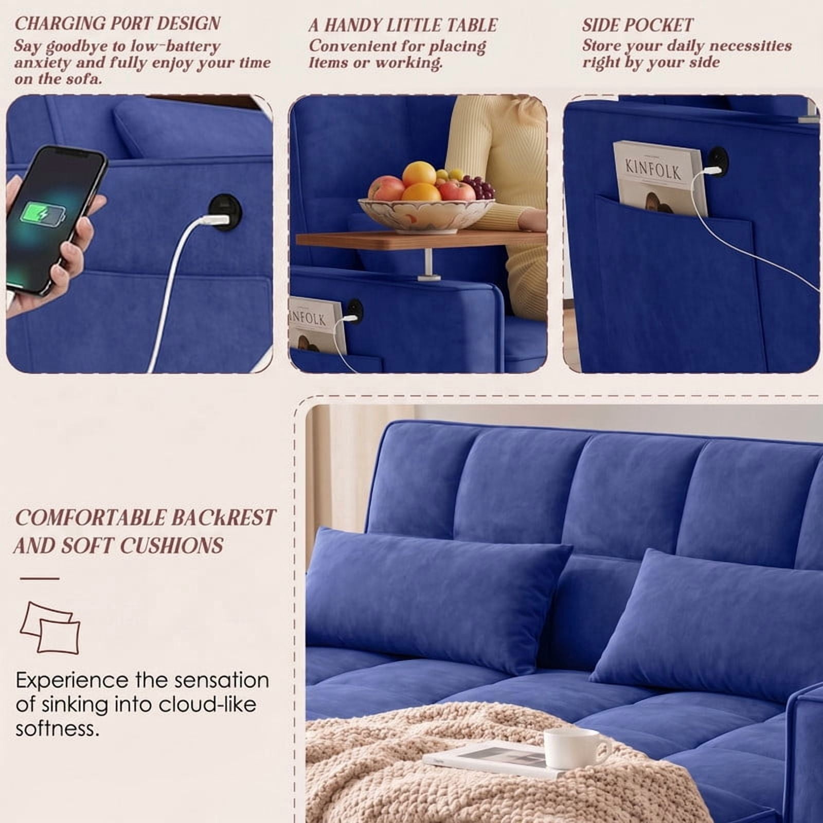 avobird 54'' Pull Out Sofa Bed, Convertible Sleeper Couch for for Living Room, Side Desk, USB Ports, Cup Hold, Velvet Fabric, Adjustable Backrest, Blue