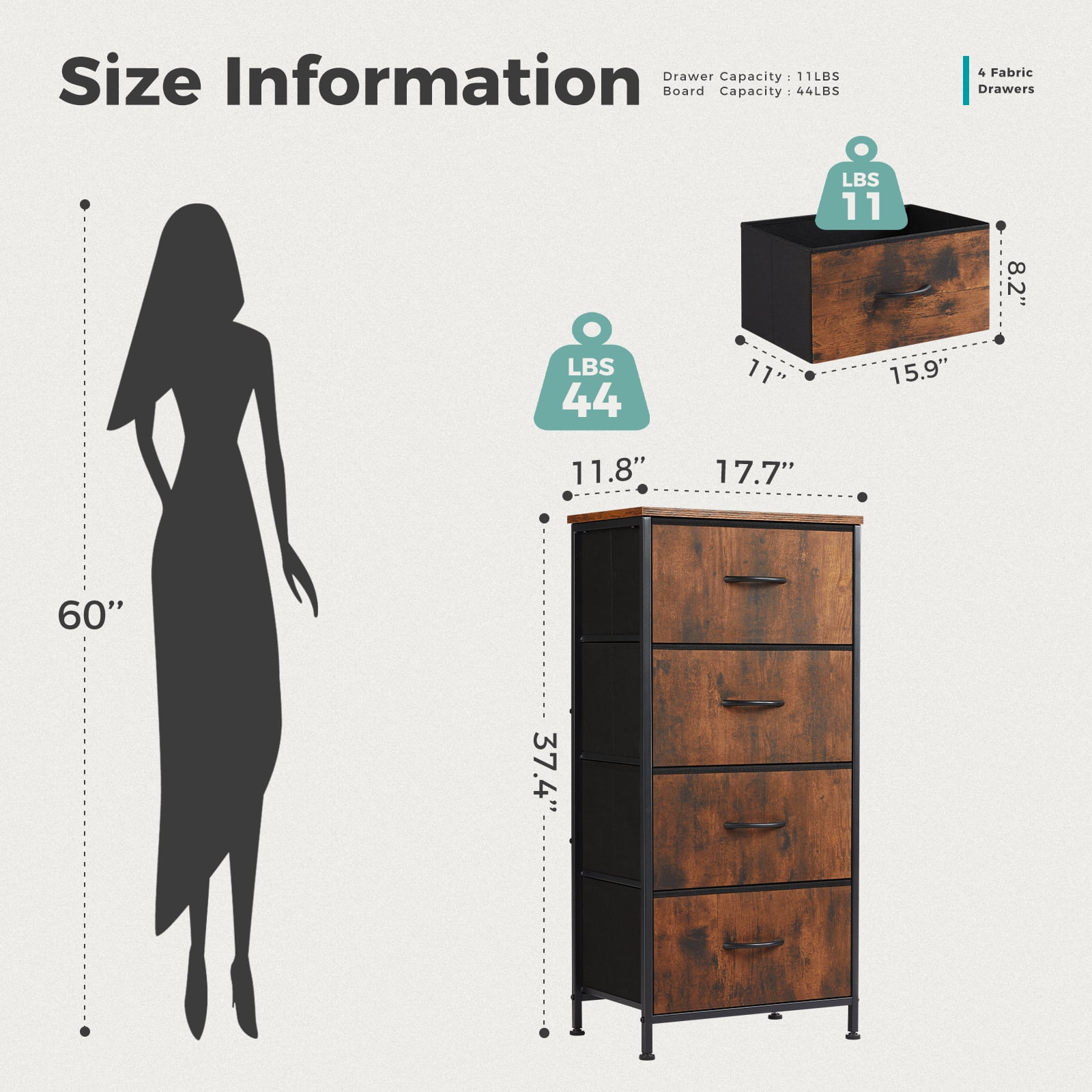 CONCETTA 4 Drawer Dresser for Bedroom, Tall Chest Organizer with Fabric Bins, Steel Frame, Rust Brown