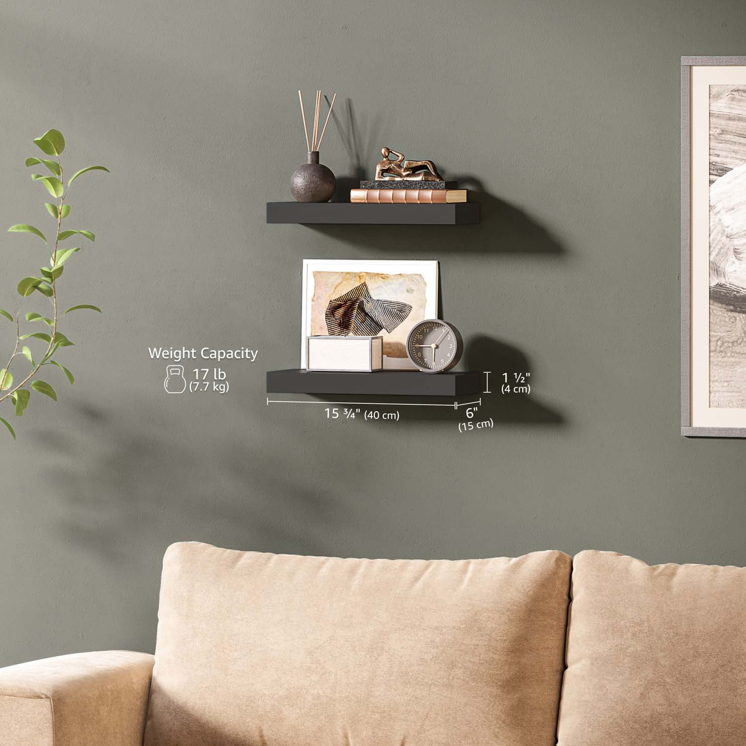 Ballucci 16" Floating Shelves for Wall, 2-Pack with Invisible Brackets, 6" Deep, Black