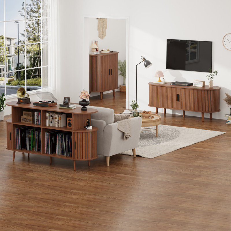 Mid-Century Modern TV Stand, Media Console with 4 Storage Compartments & Sliding Doors,Entertainment Center for TVs up to 65 Inch,Wood Adjustable Shelves for Living Room,Bedroom