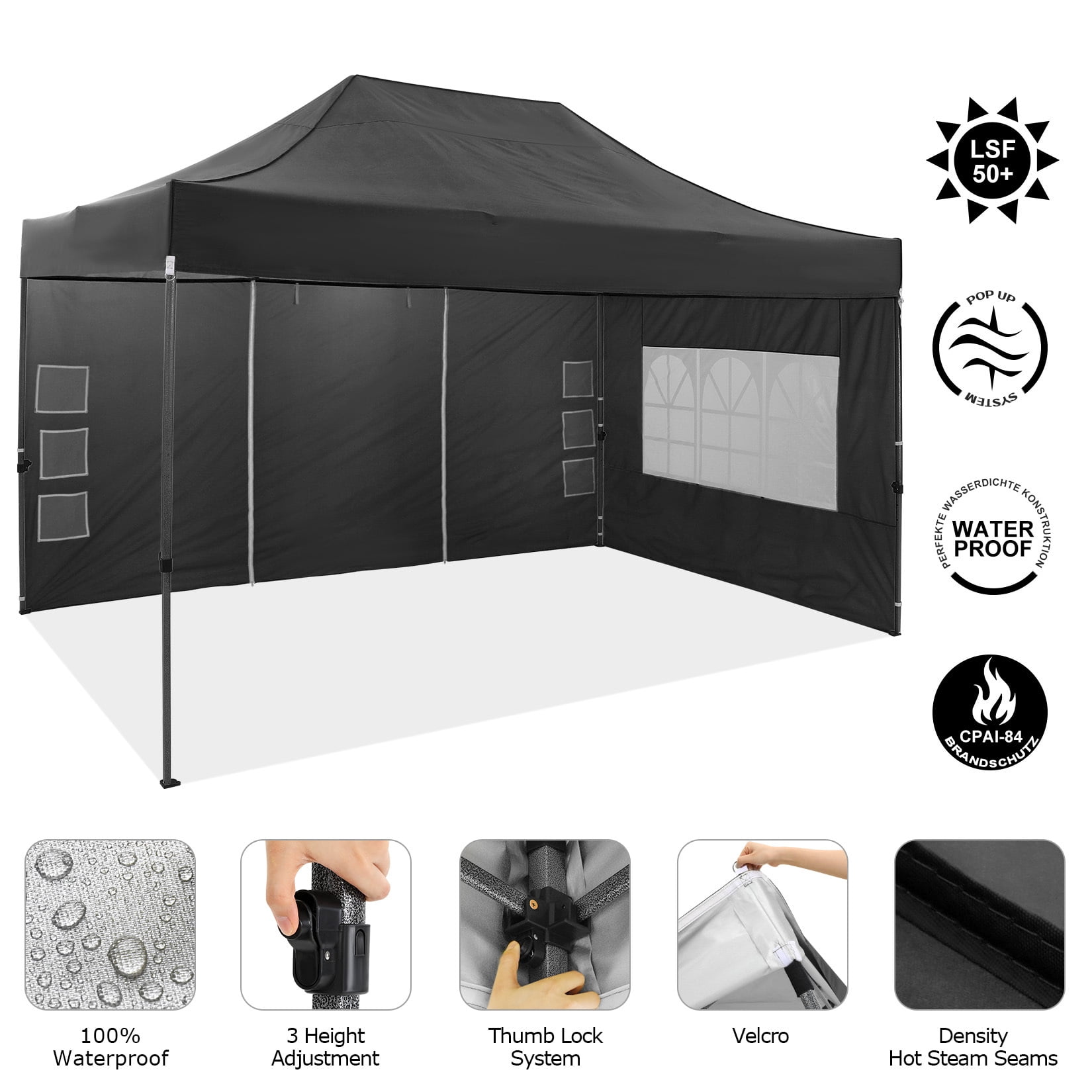 COBIZI 10x15FT Heavy Duty Pop Up Canopy Tent with 4 Sidewalls, Waterproof & Windproof, Easy Setup Outdoor Shelter for Weddings, Parties & BBQ, Includes Stakes, Sandbags, Ropes & Carry Bag, Black