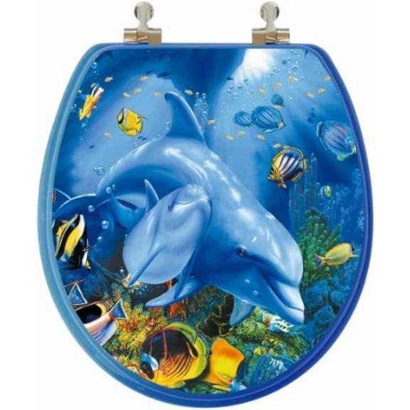 3D Ocean Series Round Toilet Seat w/Chromed Metal Hinges, Wood, Dolphin Family