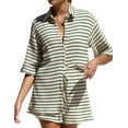 thumbnail image 2 of Women'S Summer Set Cotton Waffle Striped Shirt + Shorts Two-Piece Set Green S, 2 of 10