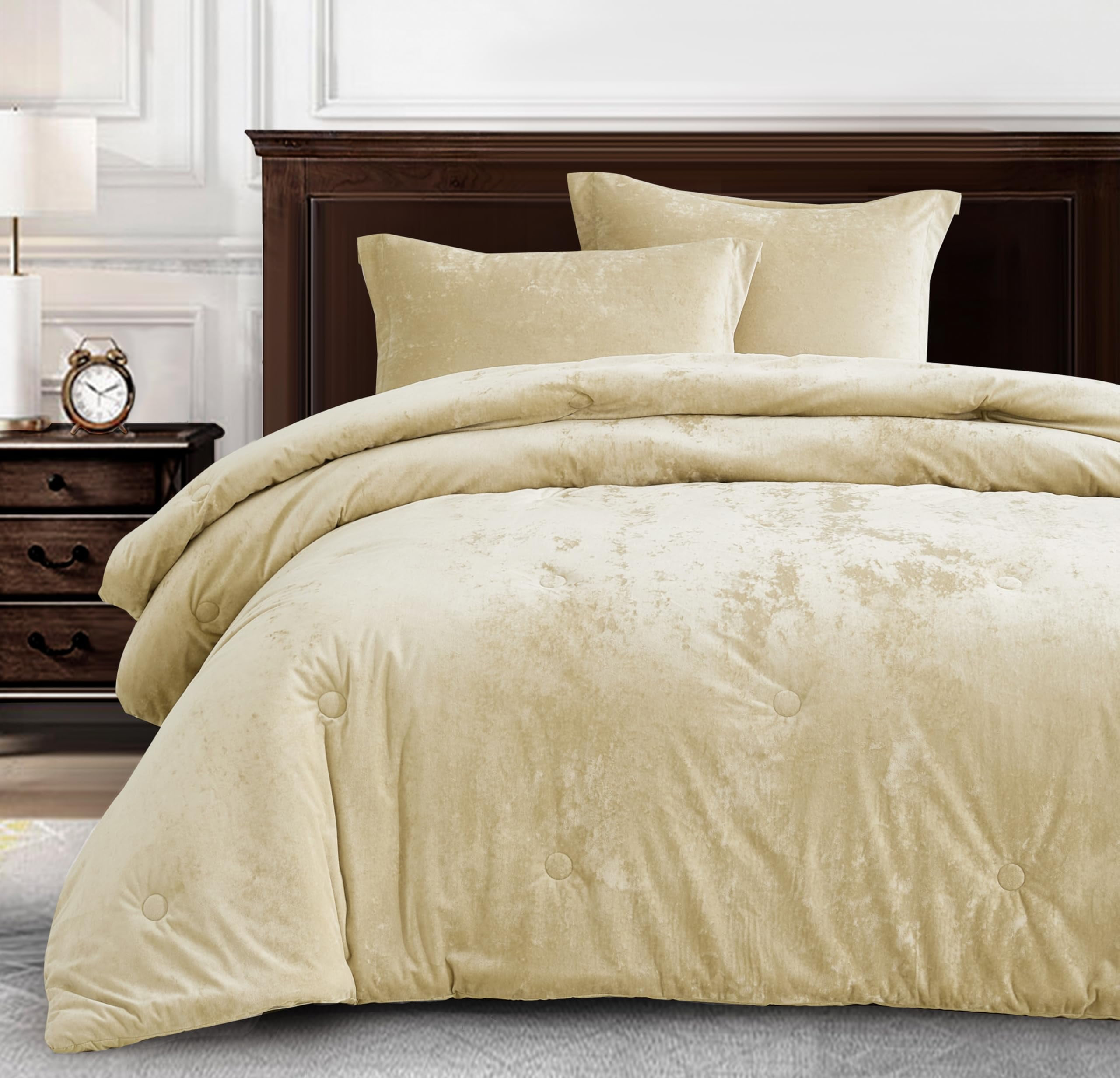 Chezmoi Collection Lux 3-Piece Beige Velvet Comforter Set King Size, All Season Lush Plush Velvet Bedding Set with Soft Washed Microfiber Reverse