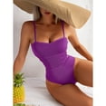 thumbnail image 3 of Traje de baño de una pieza sexy de color morado con hombros descubiertos y abertura lateral doble para mujer, 3 of 5