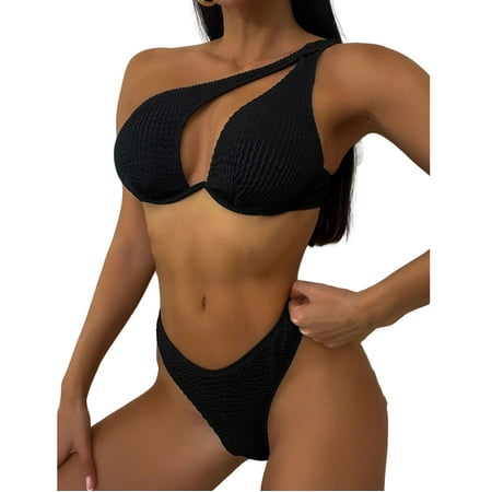 TIHLMK Swimsuits for Women Sales Clearance Women s Fashion Sexy Bikini Two-piece Swimsuit Black One-shoulder Suspender Sexy Backless Swimsuit Gift for Women