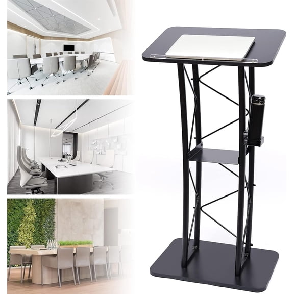Black Curved Presentation Podium, Iron Floor Standing Lectern with Top Baffle&Side Cup Holder for Church Conference Room