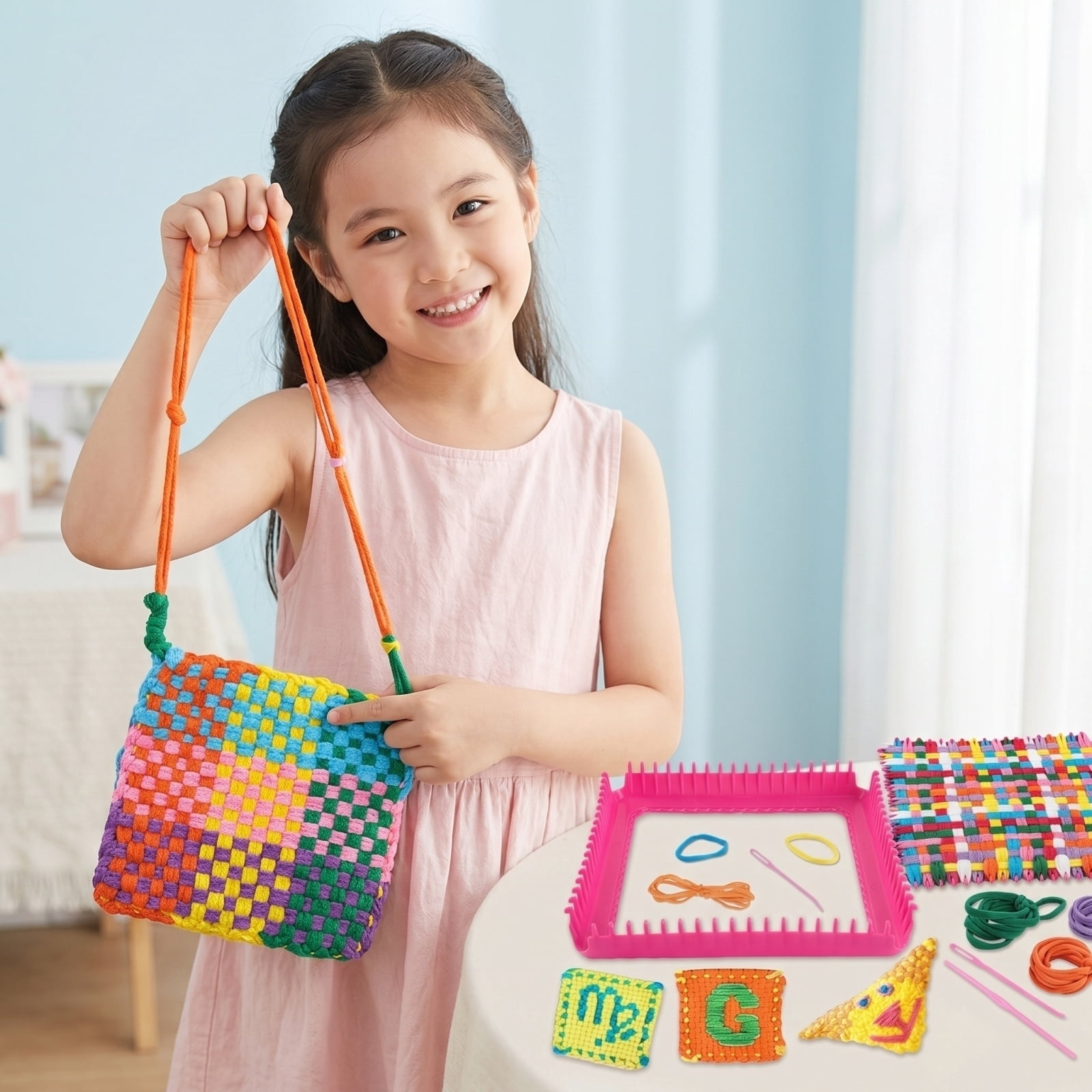 Weaving Loom Kit for Kids and Adults, DIY Arts and Crafts Toy with Colorful Loops & Plastic Frame, Easy Beginner DIY Activity for Children Ages 6+, Portable Craft Set for Home, Classroom