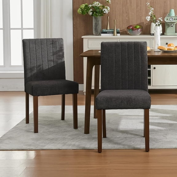 TacleeKii Dining Chairs Set of 2, Linen Kitchen Side Chairs with Wooden Legs, for Dining Room Restaurant, Dark Gray