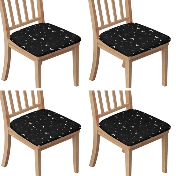 Black White Cat Moon Star Pattern Seat Covers for Dining Room Chairs Set Of 4,Stretch Printed Washable Chair Seat Cover with Elastic Ties and Button,Removable Waterproof Couch Cushion Covers