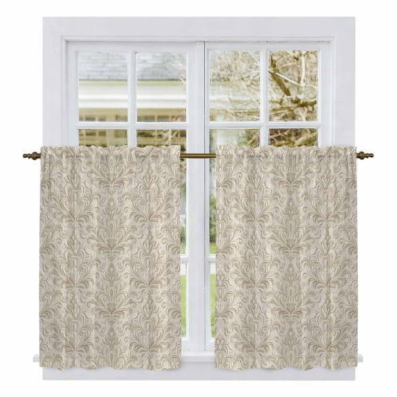 Beige Baroque Tier Curtains, Farmhouse Scroll Floral Pattern Art Light Filtering Kitchen Curtains, 2Pcs Rod Pocket Half Window Treatments Panels for Sink Cafe Cabinet Basement 27.5x45 Inches