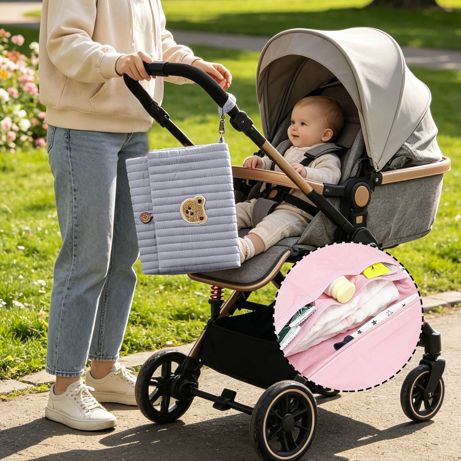 Bear Embroidery Baby Organizer Bag 10.6 Inch Multifunction Diaper Clutch with Wipes Pocket Portable Stroller Attachment Storage Pouch for Travel Blue