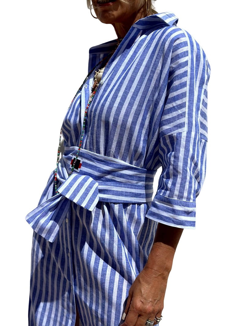 Women'S Shirt Dress Casual Lapel 3/4 Sleeve Button-Down Collar Slit Tie Resort Maxi Dress Blue M