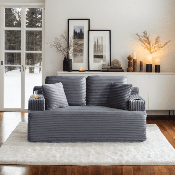 Eyisean 66.5'' Boneless Cloud Loveseat Deep Seat Sofa, 2-Seater Corduroy Upholstered Couch with Cup Holder & Side Pocket, Washable Cover, No Assembly Required, Modern Sofa Couches for Small Space