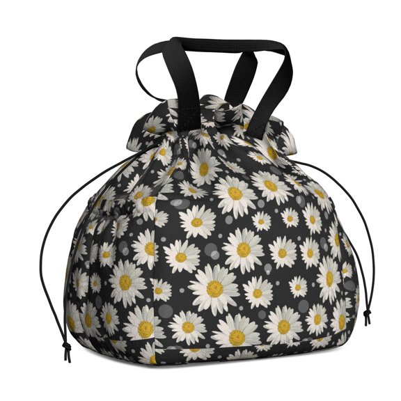 Black Sunflower Drawstring Lunch Bag Women - Drawstring Lunch Bag Insulated for Work Office - Stain-Resistant Large Lunchbags for Women with Multi-Pockets