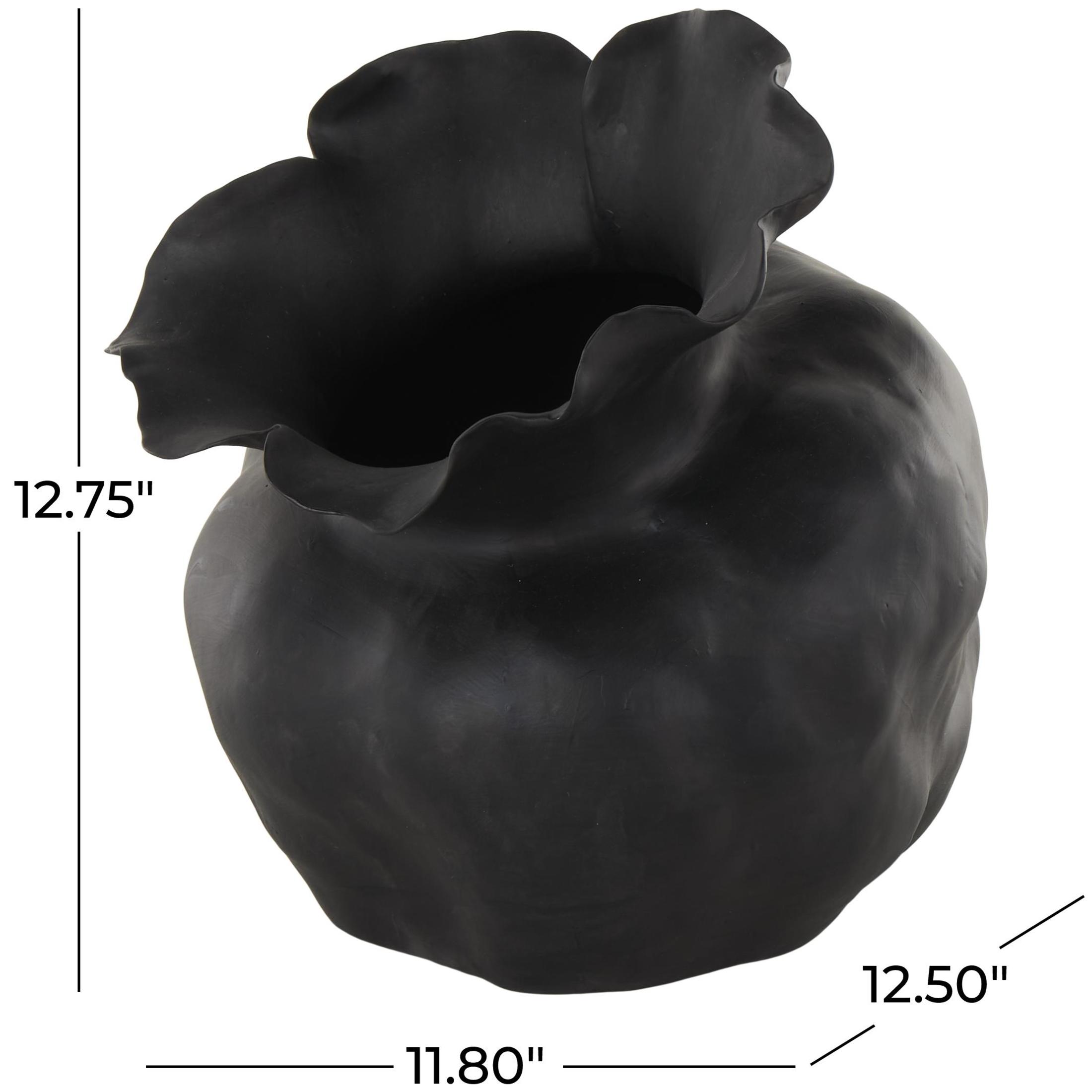 DecMode 13" Abstract Wide Rounded Floral Shaped Black Ceramic Vase with Petal Rim