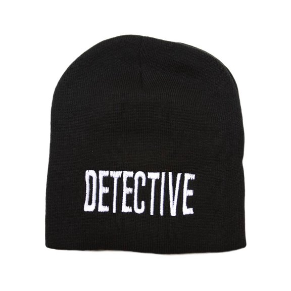 Cuffless Embroidered Detective Text Style Beanie - Black