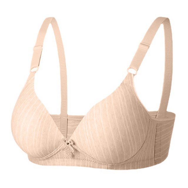 Timegard Bras for Women Striped Wireless Full Support Adjustable Strap Comfortable Summer Everyday Bra in a neutral tone. This wireless bra features breathable, stretchy fabric with a flexible cup surface for shaping and smoothing. Adjustable straps and padded interior provide full support and comfort. Ideal for pairing with t-shirts, tank tops, blazers, and other casual outfits.