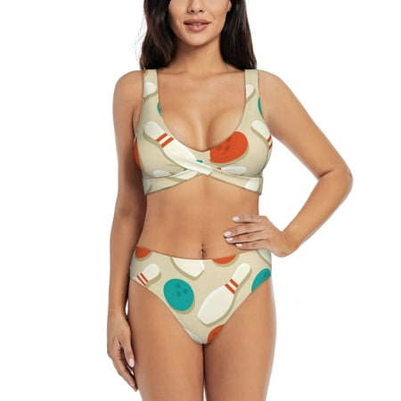Zeuib Vintage Bowling High Waisted Tummy Control Bikini Set - Knot Front Push Up Top & Cheeky Thong Bottom  Two-Piece Swimsuit for Women-Medium