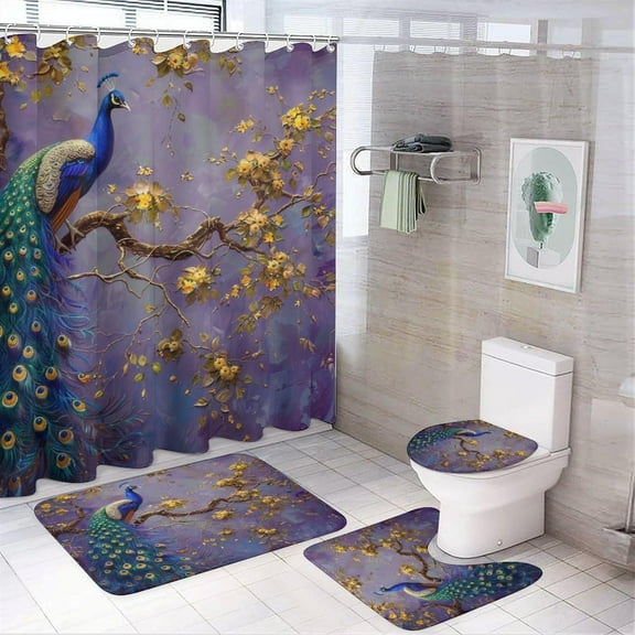 Elegant Wildlife Peacock Shower Curtain Set Bathroom Set Decorative Watercolor Tropical Jungle Tree Aesthetic Animal Peacock 4 Piece Shower Curtain, Toilet Cover, U-Mat, Floor Mat