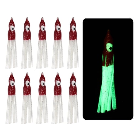 Fishing Squid Skirts Glow Soft Plastic Trolling Lures Luminous 2 x 0.3 Inch & 10 Pcs & Clear/Burgundy -Fitting for (Bass/Trout)