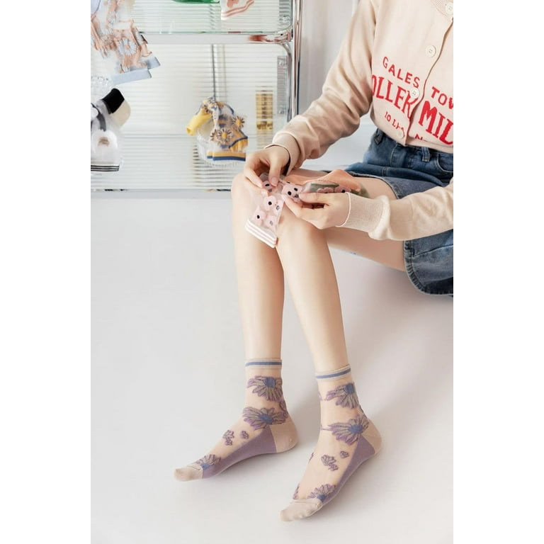 5 Pairs Coquette Ruffle Socks - Girly Aesthetic Mesh Socks With Floral Pattern For Women