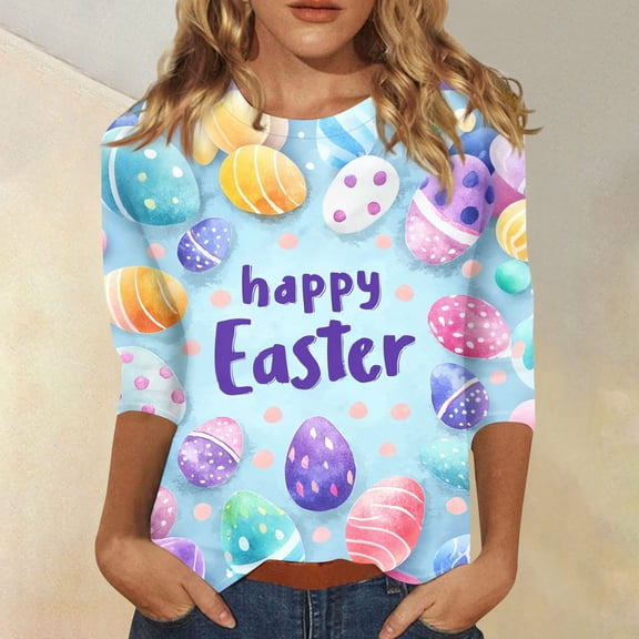 HAVUITYY Easter 3/4 Sleeve Sweaters for Womens, Cute Bunny Eggs Printed Womens Goung Out T-Shirts, Women's Spring Lightweight Tops