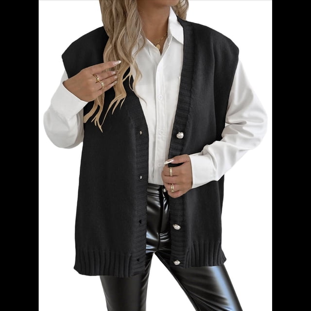 Chaleco de Punto Sin Mangas para Mujer, con Cuello en V, Botones, Informal, Holgado, para Otoño e Invierno. Negro Talla Única