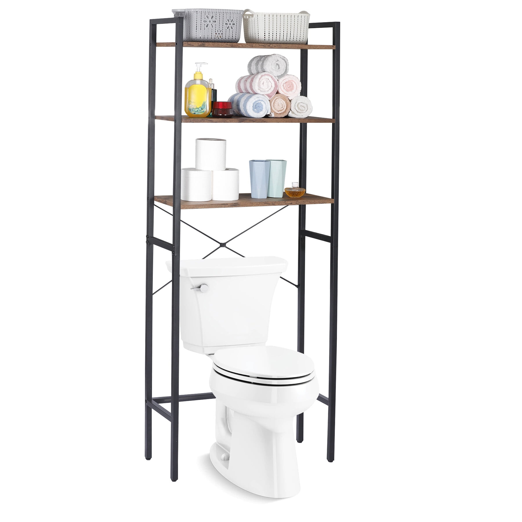 HomGarden Over-The-Toilet Storage 3-Shelf Industrial Bathroom SpaceSaver MDF Organizer Rustic Brown
