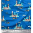 thumbnail image 1 of Soimoi Blue Georgette Viscose Fabric Clock Tower,Airplane & Forklift Truck Transport Printed Craft Fabric by the Yard 42 Inch Wide, 1 of 1