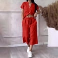 thumbnail image 2 of Women’s 2 Piece Outfit Set Button Short Sleeve Shirt and Drawstring Waist Cropped Wide Leg Capri Pants with Pockets, Light Weight for Daily‑Wear, Vacation and Shopping S-5XL Red, 2 of 6