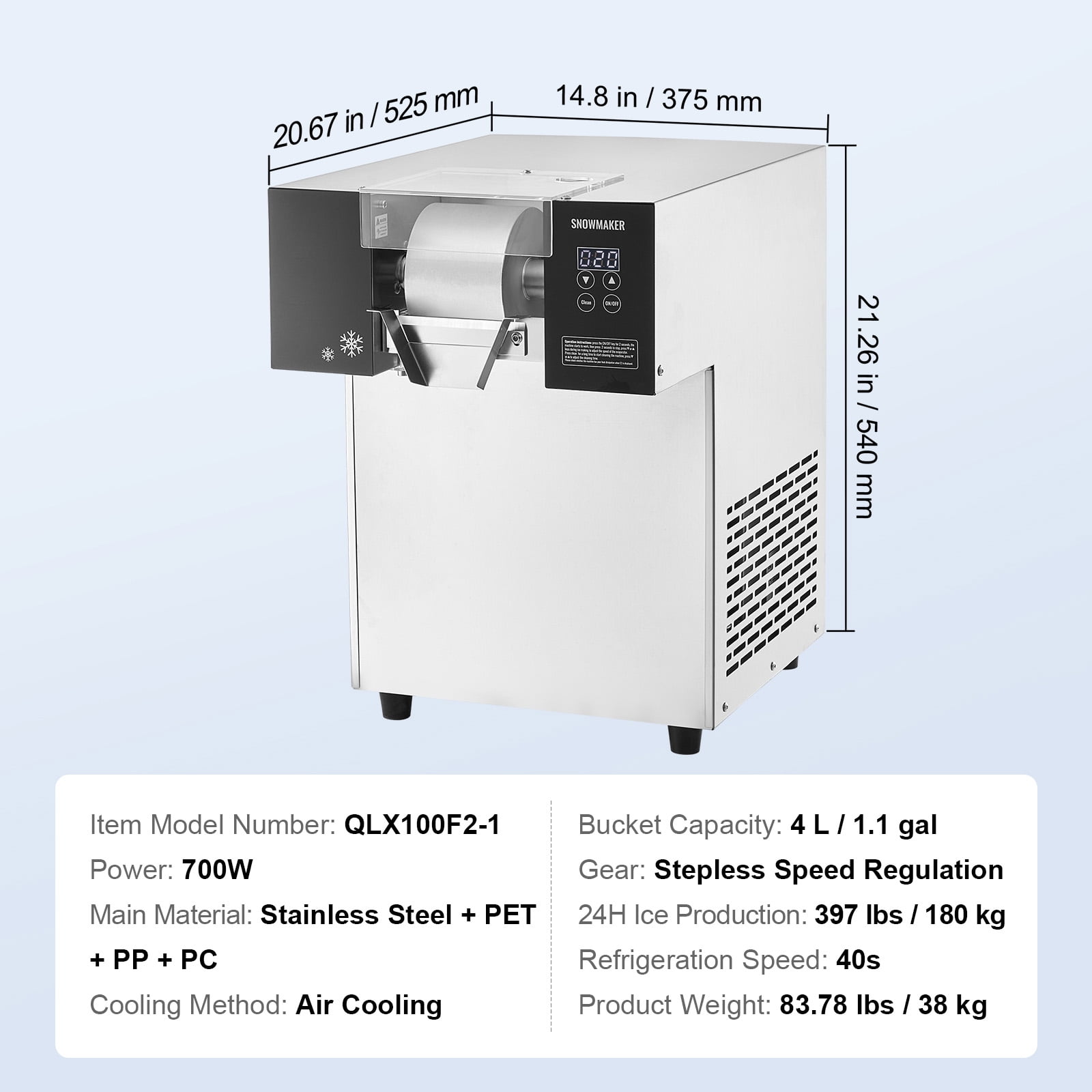 KFFKFF Commercial Snowflake Ice Machine, 397 lbs/24H Ice Maker Stainless Steel Ice Shaver, Electric Snow Cone Machine with Air Cooling System for Efficient Heat Dissipation, Ideal for Bakery and Cafe