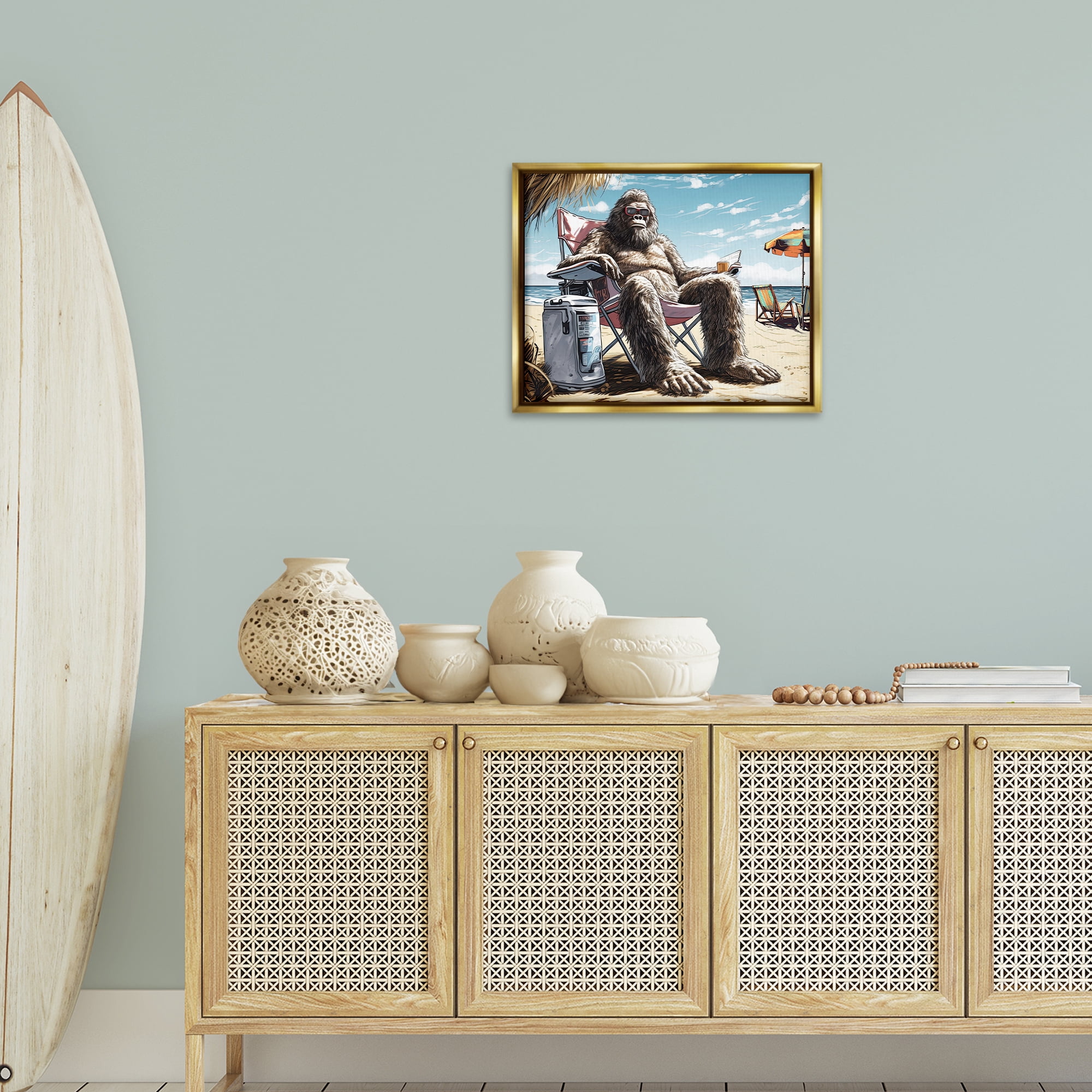 Stupell Industries Big Monster on Beach Fairy Tales & Fantasy Painting Gold Floater Framed Canvas Art Print Wall Art, 21 x 17